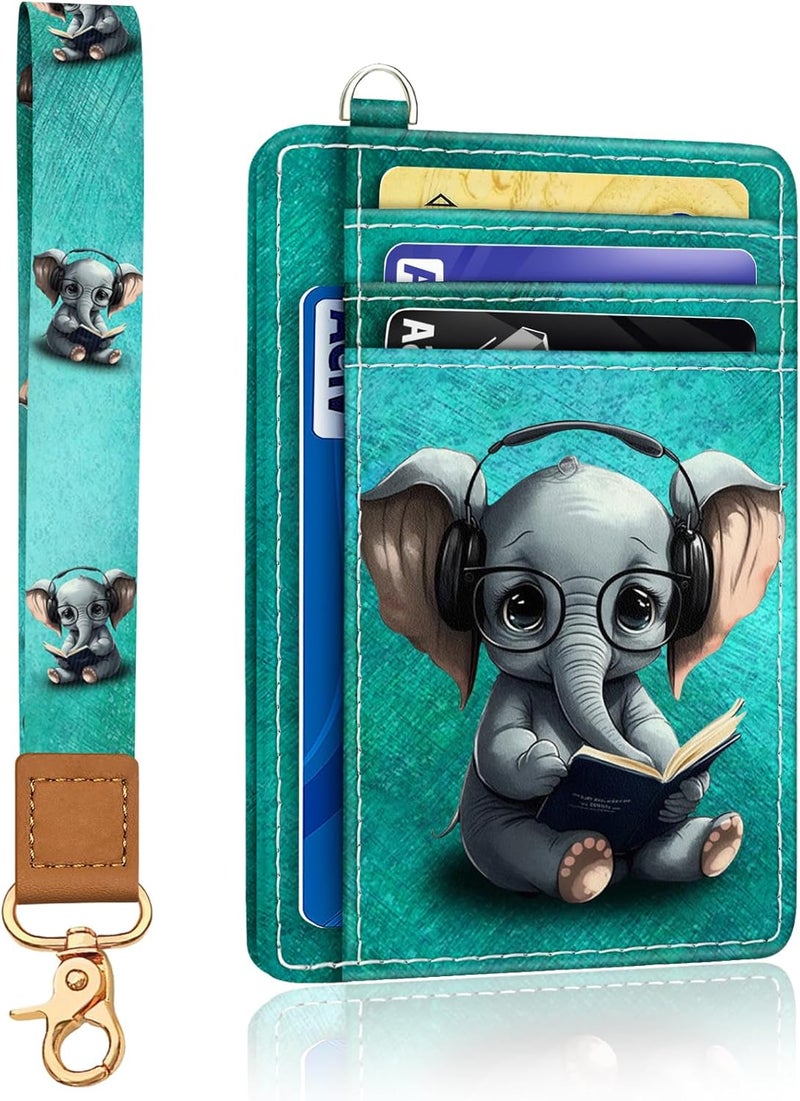 Yonlevres Elephant Credit Card Holder Slim Wallet, RFID Wallet Women Front Pocket Wristlet Lanyard, Small Card Holder Travel Funny Cute Thin Card Case ID Window PU Leather Card Organizer Gifts Girls - Image 1